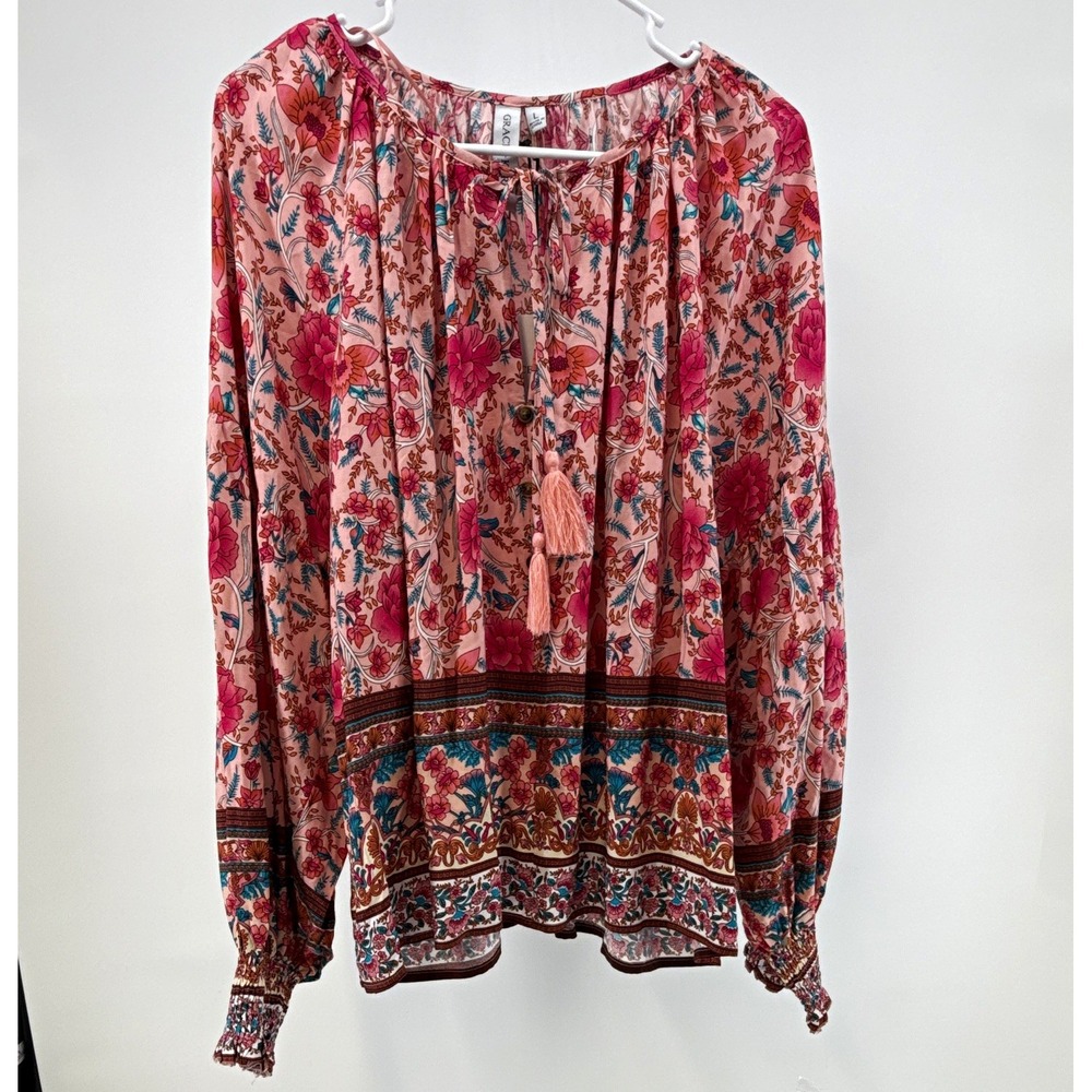 Grace + Karma womens L floral blouse pink long sleeve smock boho flowy light